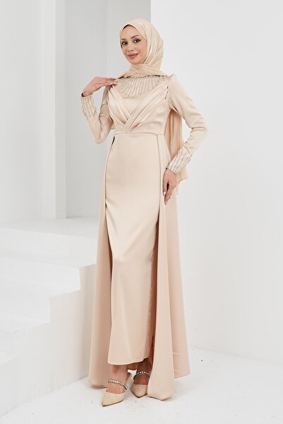 İmajButik Μπεζ σατέν βραδινό φόρεμα με πέτρες στο μπροστινό μέρος