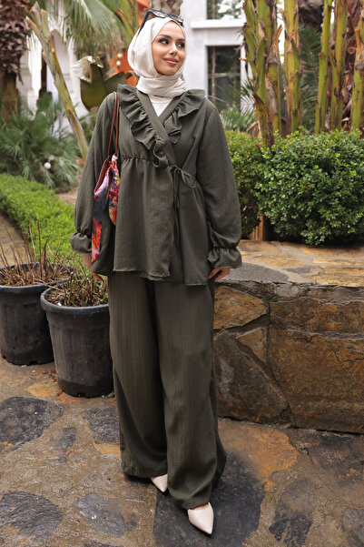 İmajButik Khaki Collared Ruffled Tunic Pants Set