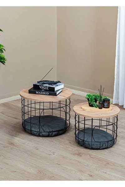 nysamo 2 Li Kedi Yuvalı Sepet Sehpa Metal Gövde Ahşap tabla Minderli Orta Sehpa