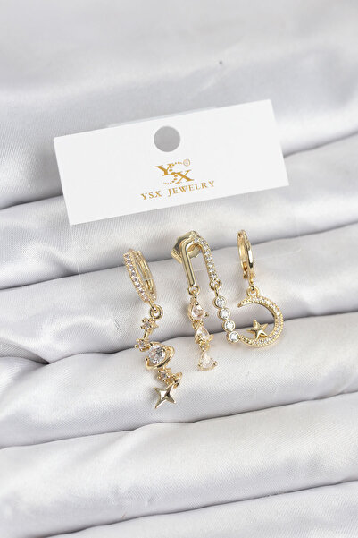 STİLLOVE Brass Gold Color Zircon Stone Space Model Ysx Trio Earring Set