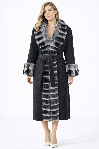 BEJ Alpaca Coat with Complete Rex Fur Collar, Sleeves, and Front.