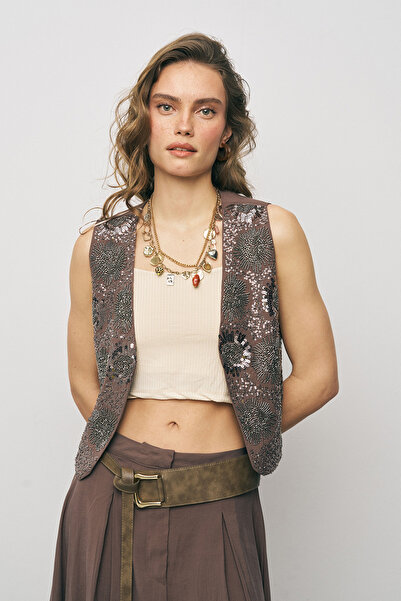 Orfeo Negro Women's Modal Handcrafted Sequin and Embroidered Crop Vest