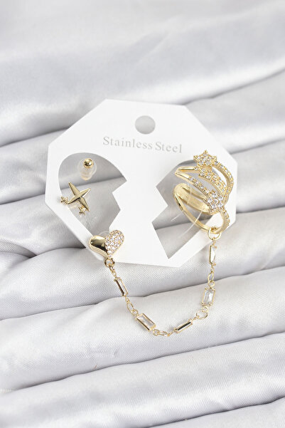 STİLLOVE Heart Star Model Brass Gold Color Chain Linked Ear Cuff Earring Set