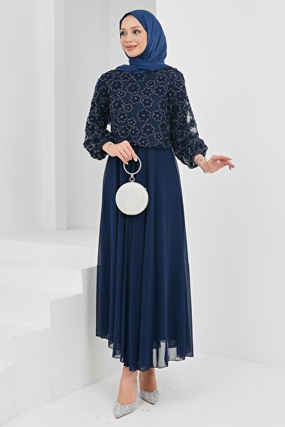 İmajButik فستان سهرة مطرز بالخرز باللون الأزرق الداكن