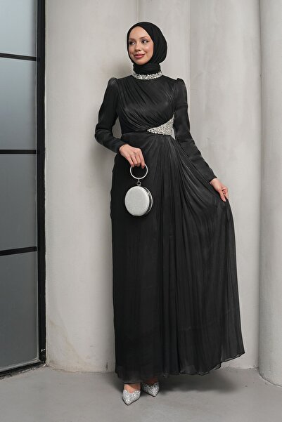 İmajButik Black Collar Waist Stone Evening Dress