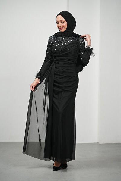 İmajButik Black Draped Front Evening Dress with Stones