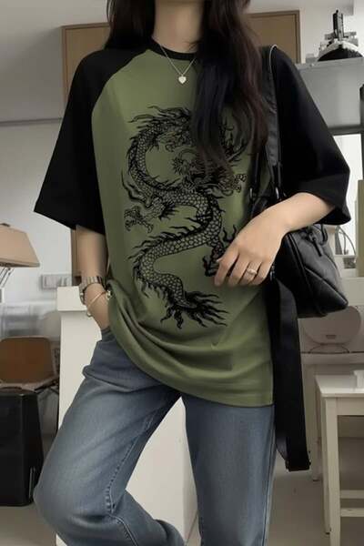 Karakedi Tricou unisex cu mânecă scurtă Dragon Khaki Negru Y2K