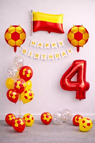 Patladı Gitti Yellow Red Football Themed 4Th Birthday Balloon Set