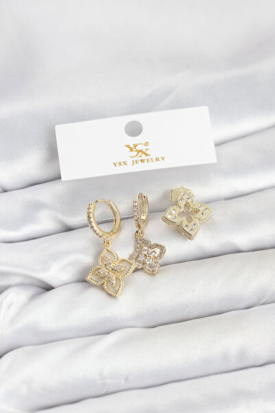 STİLLOVE Brass Gold Color Clover Model Ysx Trio Earring Set