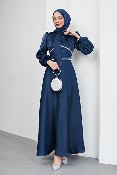 İmajButik Rochie de seară bleumarin cu guler cu fundă, talie cu detalii din p...