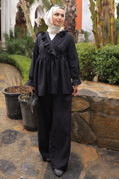 İmajButik Black Collared Ruffled Tunic Pants Set