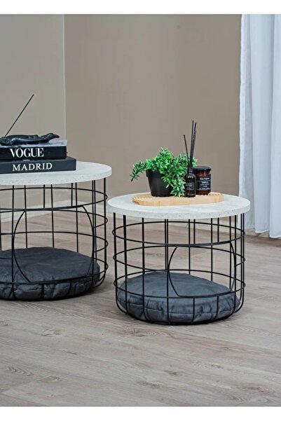 nysamo 2 Li Kedi Yuvalı Sepet Sehpa Metal Gövde Ahşap tabla Minderli Orta Sehpa