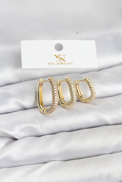 STİLLOVE Brass Gold Color Zircon Stone Hoop Model Ysx Trio Earring Set
