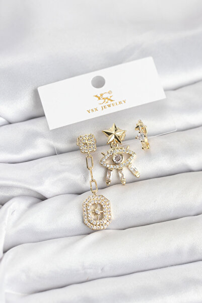 STİLLOVE Brass Gold Color Eye and Pole Star Model Ysx Trio Earring Set