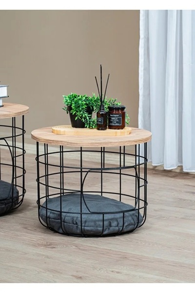 nysamo 2 Li Kedi Yuvalı Sepet Sehpa Metal Gövde Ahşap tabla Minderli Orta Sehpa