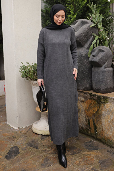 İmajButik Antrasit Dik Yaka Fitilli Triko Elbise