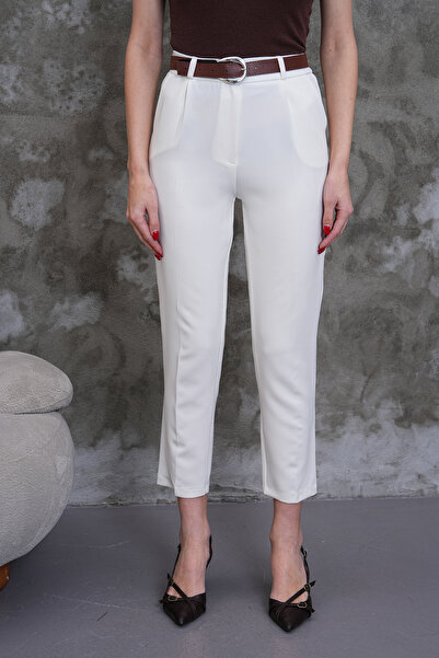 THE WOOW Women's High Waist Pleated Carrot Cut White Trousers with Belt Acces...