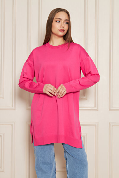 comstar Pulover de damă, supradimensionat, roz, cu decolteu rotund și șliț