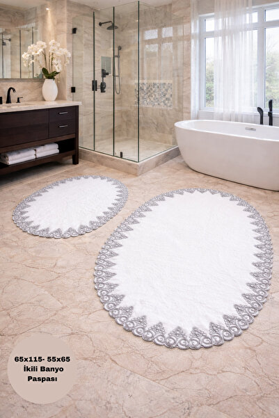 Bestekar Σετ χαλάκια μπάνιου Alina σε λευκό-γκρι γαλλική δαντέλα, με μαλακή ε...