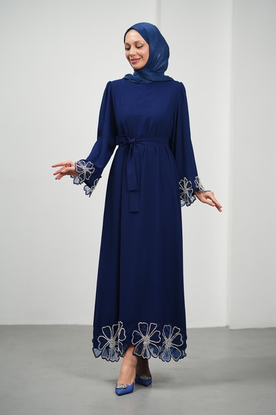 İmajButik Navy Blue Evening Dress with Flowers and Stones on Sleeves and Hem