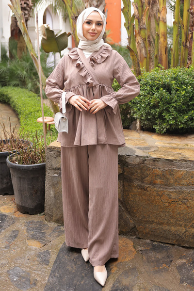 İmajButik Mink Collar Ruffled Tunic and Trousers Set