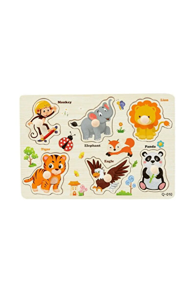 wood toys Wooden Inset Puzzle with Buttons – Animals, 22x15 cm, 3 years+