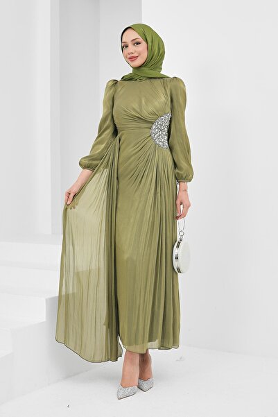 İmajButik فستان سهرة أخضر اللون بأكمام مطاطية وتفاصيل حجرية