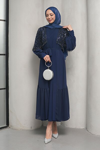 İmajButik Set Abaya dublu brodat cu mărgele, albastru marin