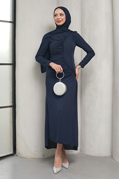 İmajButik Navy Blue Draped Front Fish Model Evening Dress