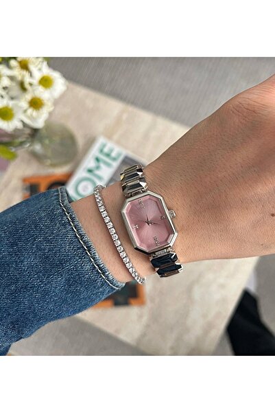MyleeButik Özel Seri Pembe Kadranlı Geometrik Kadın Kol Saati