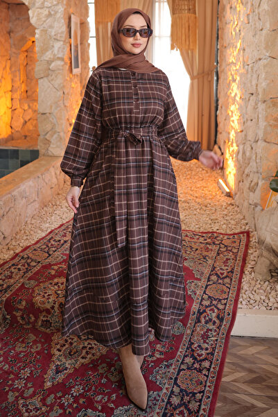 İmajButik Brown Plaid Patterned Belted Dress