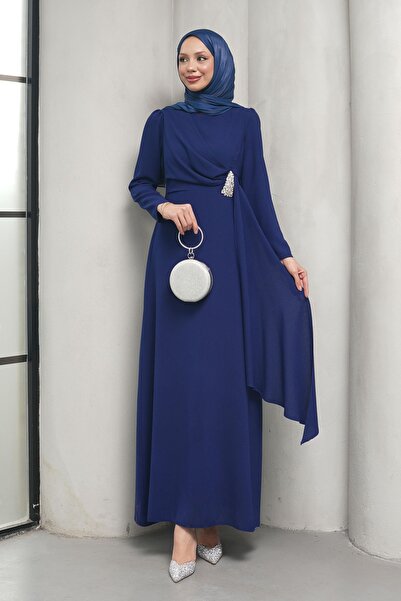 İmajButik Μπλε ναυτικό βραδινό φόρεμα με ντραπέ μπροστά και διακοσμητικές πέτρες