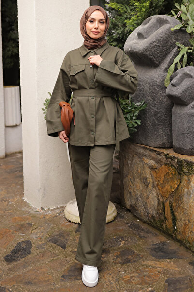 İmajButik طقم سترة وبنطلون من قماش الجبردين باللون الكاكي