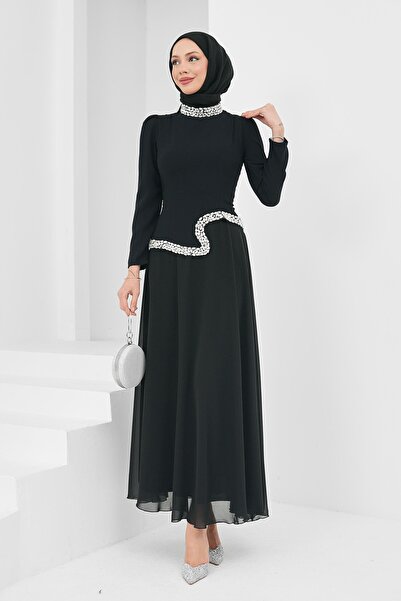 İmajButik Black Asymmetrical Detailed Stoned Evening Dress