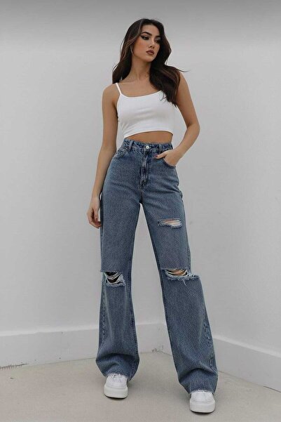 Trn JNS Lycra Women's Medium Blue Snow Wash Ripped Super High Waist Loose Leg...