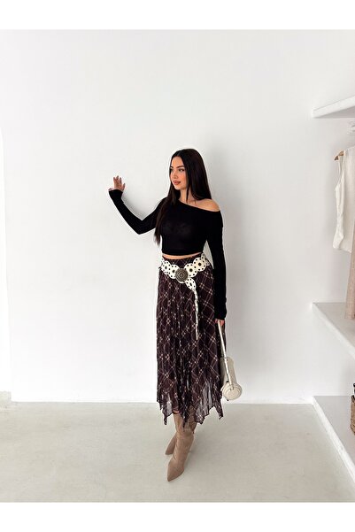 aselon Women's Chiffon Skirt with Inner Lining, Asymmetric Cut, Flared Model