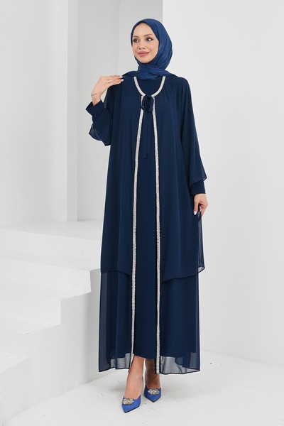İmajButik Lacivert Ön Bağlamalı Taşlı Abya Takım