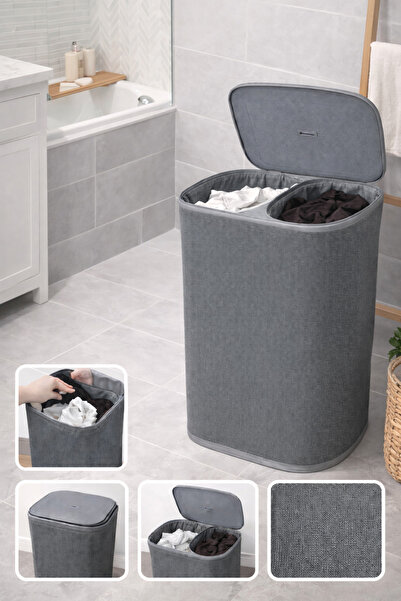 ARVALE Katlanabilir Çift Bölmeli Kirli Çamaşır Sepeti 90L Gri Kapaklı Çamaşır...