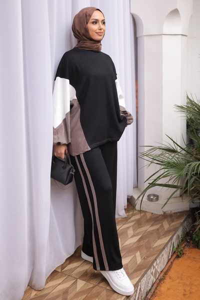 İmajButik Black Color Block Modal Sweat Pant Suit