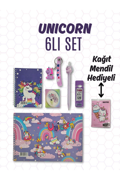 Ceylan Kırtasiye 6 lı Unicorn Kırtasiye Seti Resim Defteri Kalem Silgi Kağıt ...