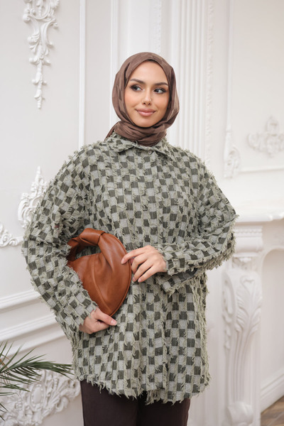 İmajButik Khaki Color Block Oversized Shirt with Tassels