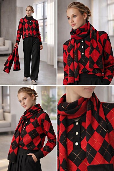 AYKA WEAR Gray Women's Melange Patterned Wool Blend Scarf and Alya Sweater