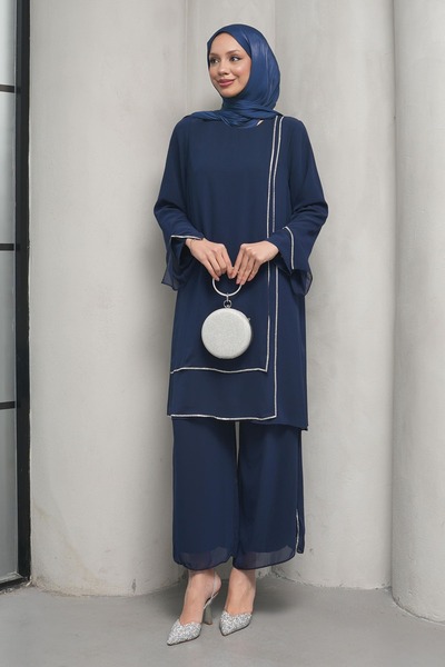 İmajButik Lacivert Taş Detaylı Tunik Pantolonlu Abiye Takım