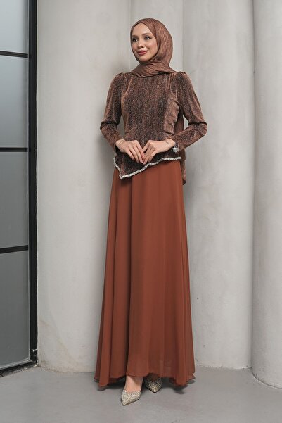 İmajButik Brown Stone Detailed Design Evening Dress