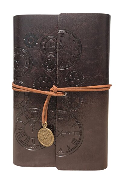 SENON Saat ve Çark Baskılı Deri Kapaklı Retro Vintage Not Defteri Zamanın Kıy...