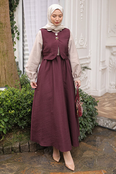 İmajButik طقم فستان مع سترة مطاطية عند الخصر باللون العنابي