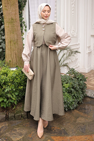 İmajButik Khaki Elastic Waist Vest and Dress Combination Set