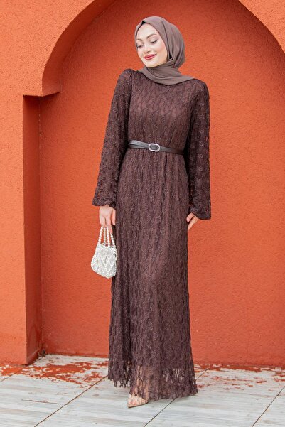 Tesettür Çarşım Dantel Dokuma Kemerli Elbise-Kahve