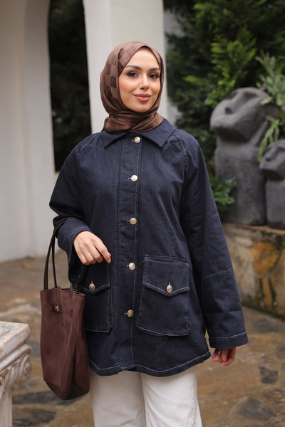 İmajButik Navy Blue Pocketed Lined Denim Jacket
