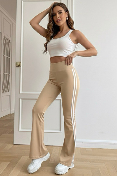 DELBİN Women's High Waist Side Stripe Spanish Flare Leggings Trousers